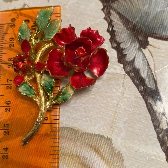 Vintage Made in Austria enamel rhinestone red flower brooch- 2 1/2” x 1 1/2” - Picture 10 of 11